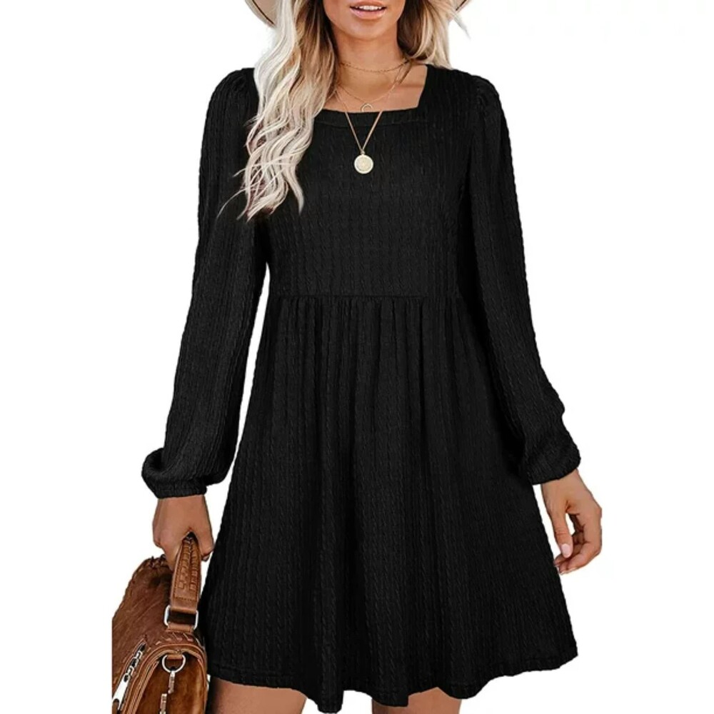 Knit Dress Square Neck Long Sleeve Knee Length Babydoll Dress Sz M